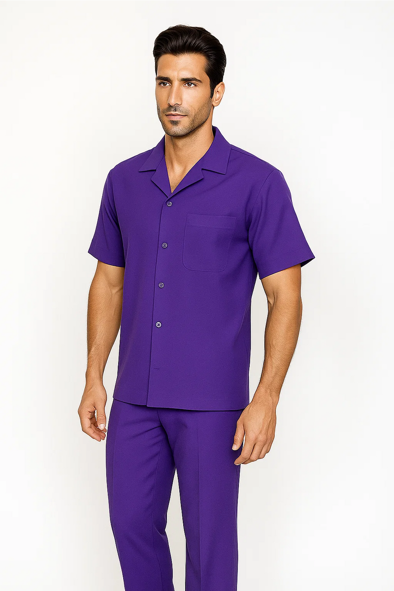 Purple leisure suit: short-sleeve button-up shirt with chest pocket & standard collar, plus matching pants. Both pieces boast a smooth, consistent texture.
