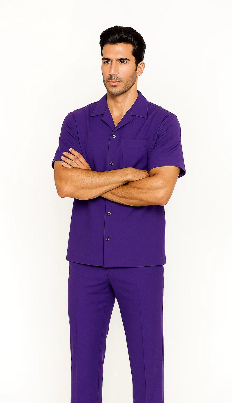 Solid purple men's leisure suit: short-sleeved shirt with classic collar, button front, breast pocket, and matching tailored pants. Lightweight, breathable fabric.
