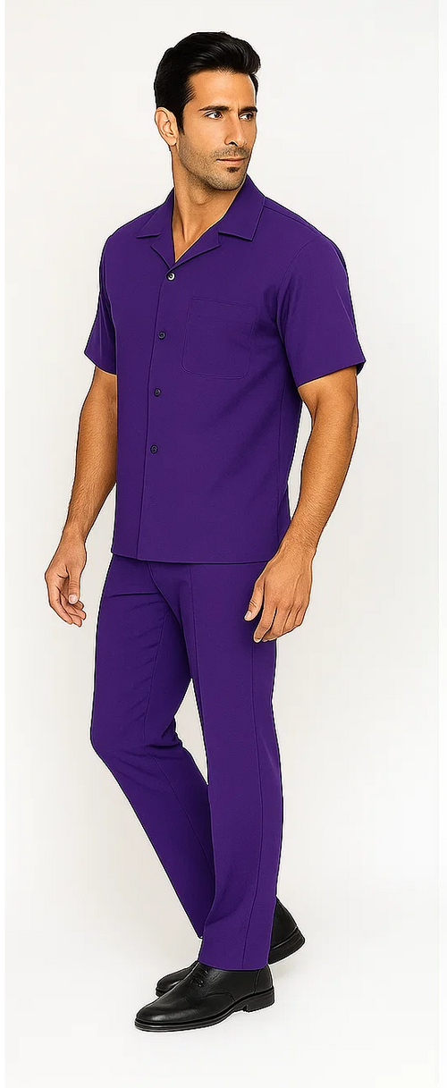 Men's solid purple leisure suit. Includes short-sleeve button-up shirt (notch collar, chest pocket) and tailored pants (straight leg). Made from a smooth, likely synthetic fabric. Perfect cohesive outfit.
