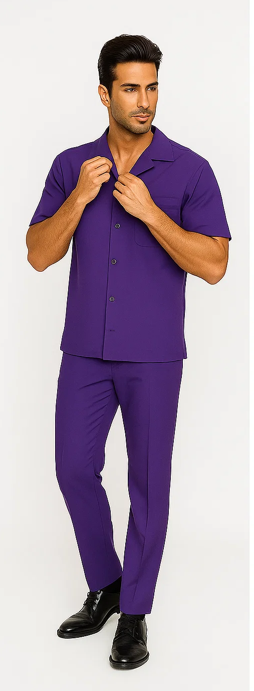 Men's purple leisure suit: smooth fabric, short-sleeve button-up shirt with collar, and slim-fit matching pants. Straight leg design. Solid color, cohesive texture.
