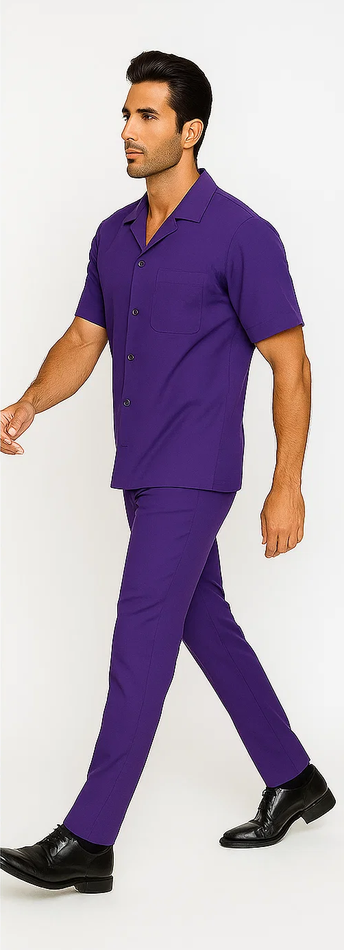 Purple men's walking suit. Includes short-sleeve shirt with pocket and straight-leg pants. Made from smooth fabric. Comfortable and stylish for everyday wear.
