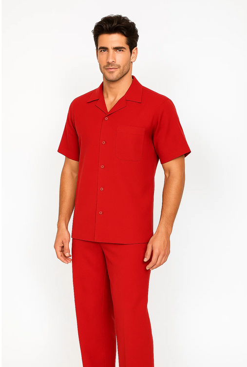 Red men's leisure suit: short-sleeve button-up shirt with notched collar & front pocket, paired with straight-leg pants. Solid red, textured fabric, relaxed fit.
