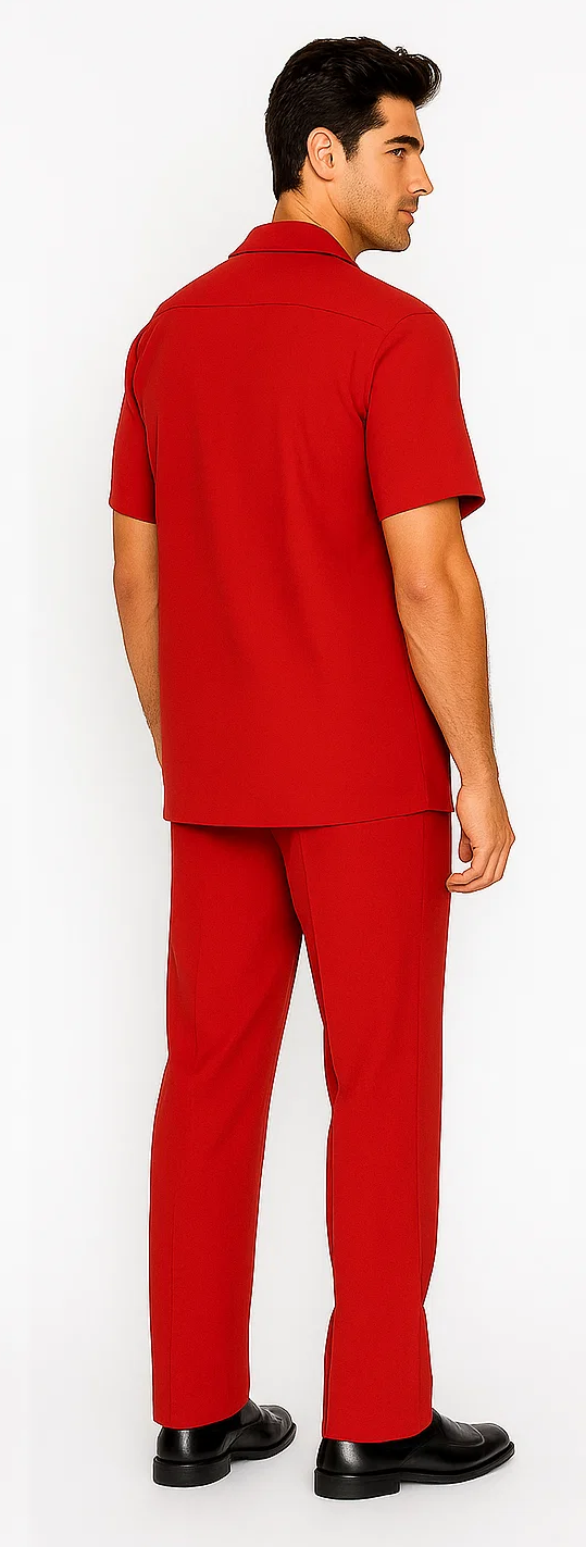 Red leisure suit: short-sleeved shirt with classic collar and straight-fit pants. Smooth fabric, tailored pants with slight flare.
