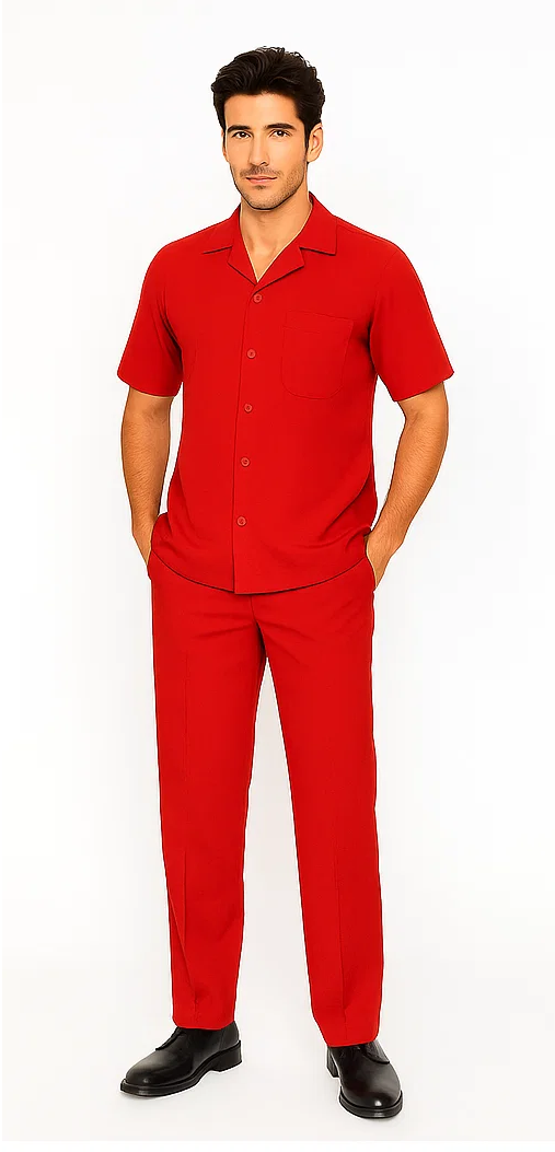 Red leisure suit: short-sleeve button-up shirt with pocket & pointed collar, paired with straight-fit pants. Matching set for a relaxed look.
