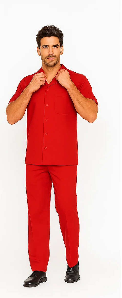 Men's red leisure suit. Includes short-sleeve button-up shirt with chest pocket and matching straight-leg pants. Relaxed fit shirt with a collar. Both pieces are solid red.
