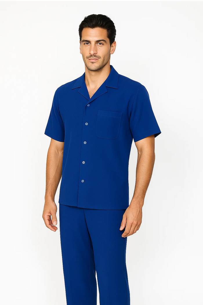 Royal blue men's leisure suit. Short-sleeve button-up shirt with standard collar, chest pocket, and five buttons. Matching straight-leg pants.
