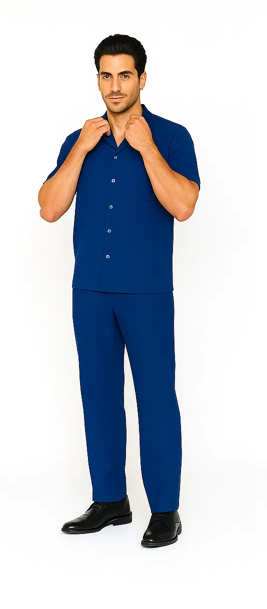 Royal blue leisure suit. Short-sleeve button-up shirt with chest pocket and standard collar, plus fitted, straight-leg trousers. Smooth, solid-colored fabric.
