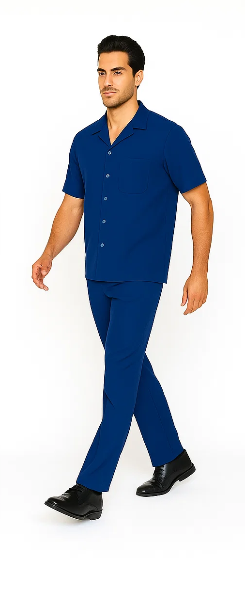 Royal blue men's leisure suit: short-sleeved button-up shirt with chest pocket & straight-leg pants. Smooth, pattern-free fabric. Matching set.
