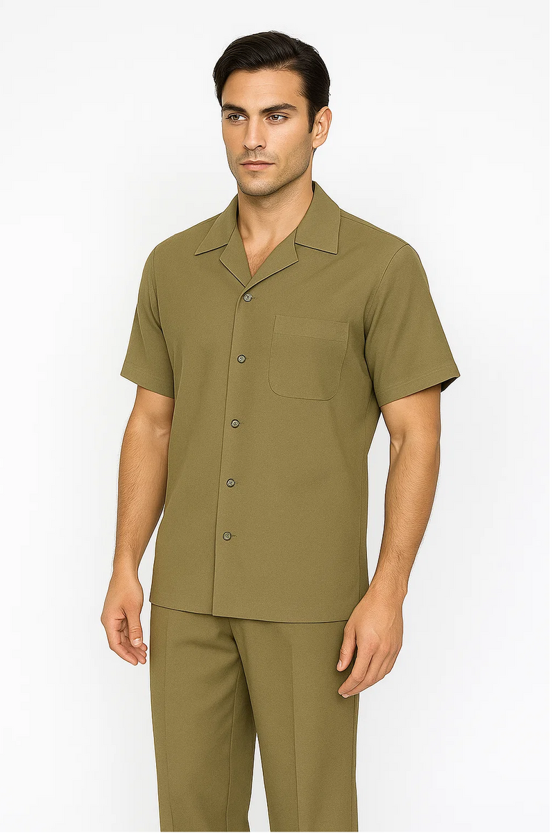 Men's safari walking suit in safari color. Short-sleeved shirt with chest pocket, notched collar, and six buttons. Matching, straight-leg pants. Lightweight, smooth, and structured fabric.
