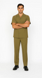 Safari-colored men's walking suit. Short-sleeved shirt with revere collar and two buttons, plus straight-leg pants. Smooth material, olive green hue for a cohesive, clean look.

