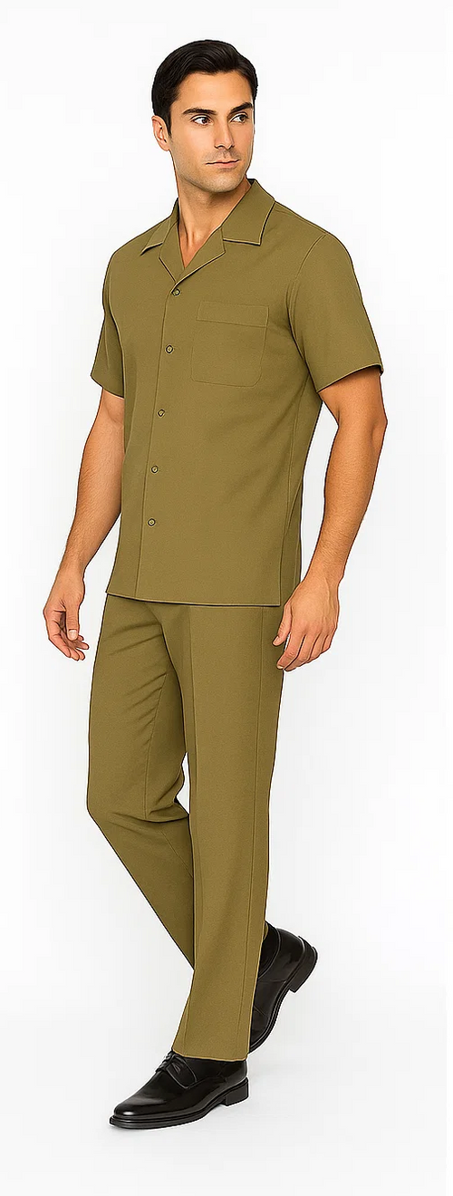 Men's safari walking suit: matching short-sleeved shirt & straight-leg pants. Lightweight fabric, solid color. Shirt: classic collar, patch pocket, button-down. Pants: straight cut, cohesive style.
