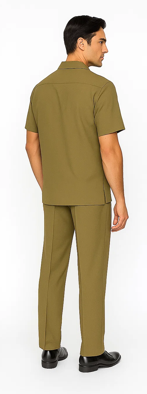 Olive green men's walking suit. Safari leisure design with short-sleeved, collared shirt and slim-fit pants. Lightweight, woven fabric for a coordinated, comfortable look.
