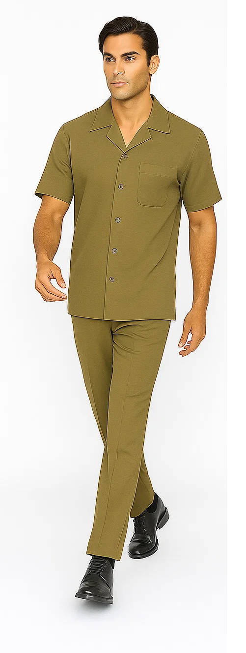 Safari green men's walking suit: short-sleeve collared shirt with chest pocket and straight-leg pants. Lightweight, smooth fabric. Casual, coordinated design.
