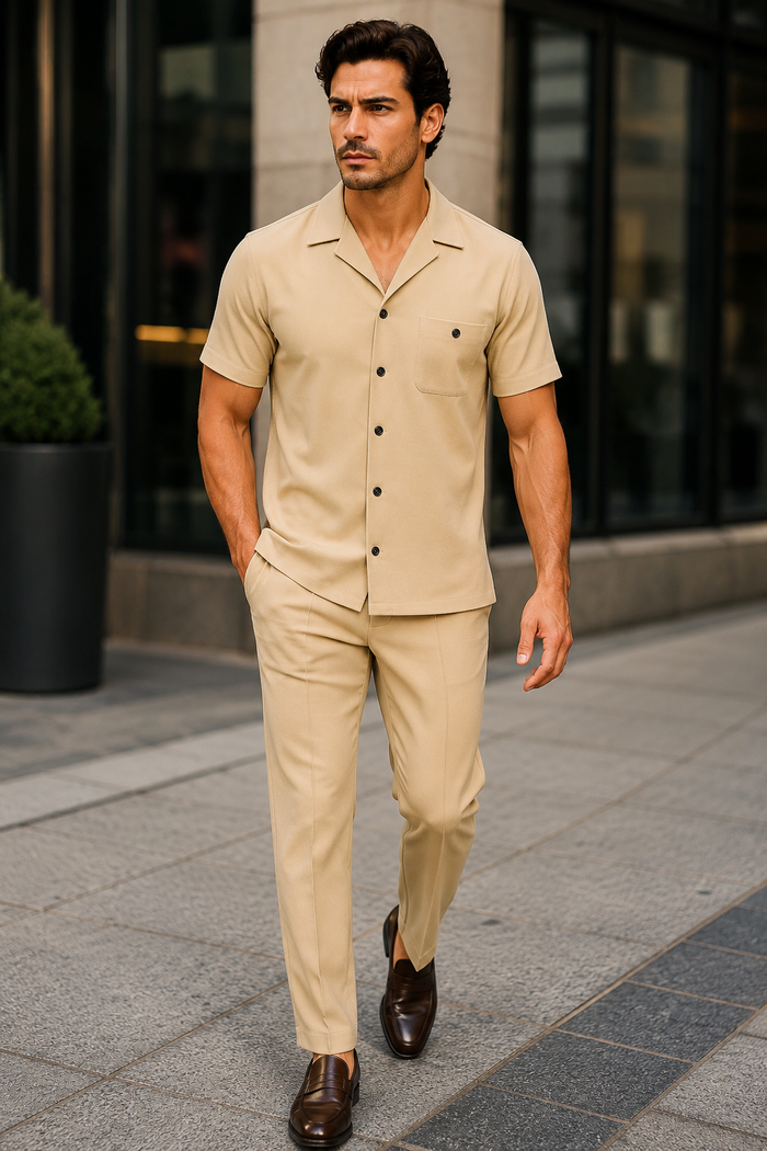 Mens Walking Suit in Color Sand Leisure Suit Casual Matching Shirt and Pants $99