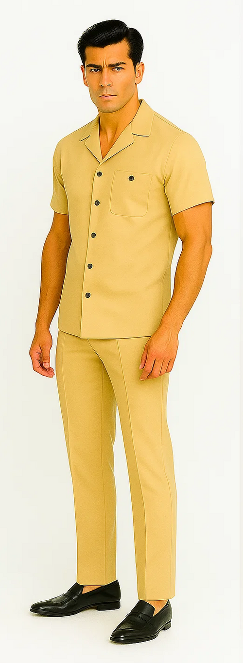 Men's sand-colored walking suit with short-sleeved collared shirt and tailored pants. Shirt features a chest pocket and button closures. Pants have a straight leg and seam detailing, with a structured fabric.
