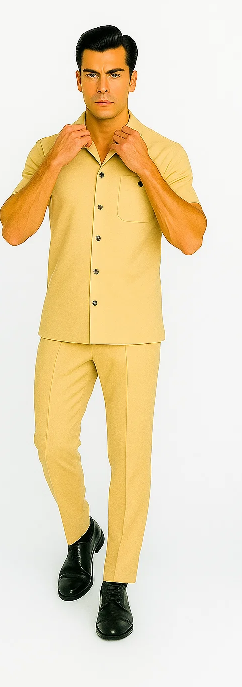 Sand-colored men's leisure suit. Includes short-sleeve shirt with collar, buttons, and pocket, plus slim-fit pants. Lightweight fabric for a comfortable, coordinated outfit.
