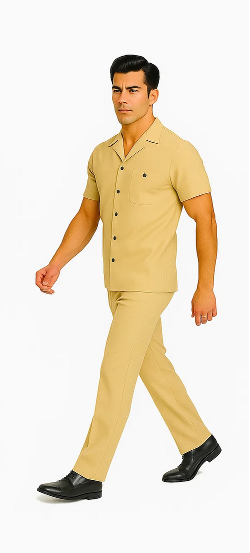 Sand-colored men's walking suit: short-sleeve button-up shirt with a pocket and collar, paired with tailored straight-leg pants. Lightweight, smooth fabric for both pieces.
