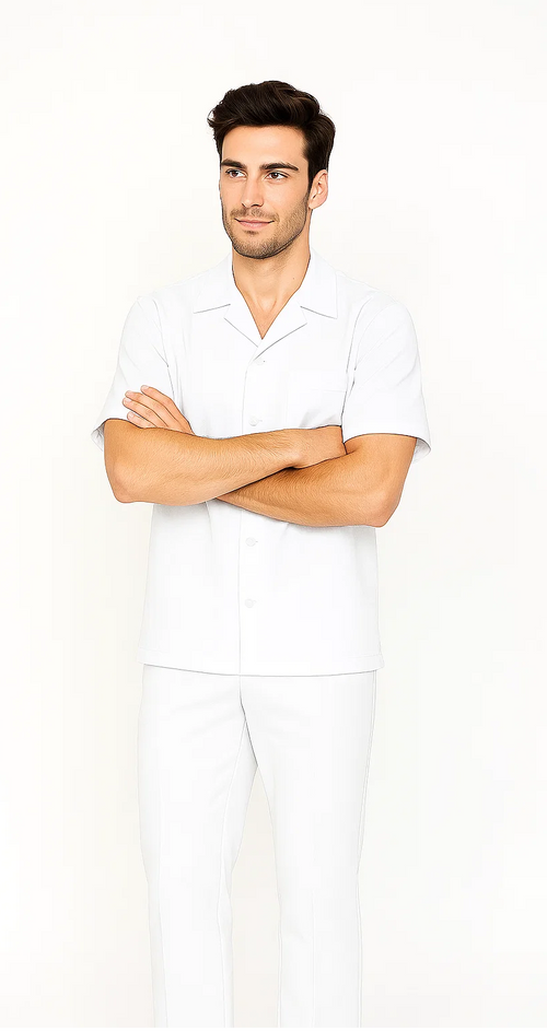 White men's leisure suit: short-sleeve shirt with collar and button closure, plus matching straight-leg pants. Solid white color. Simple and classic.

