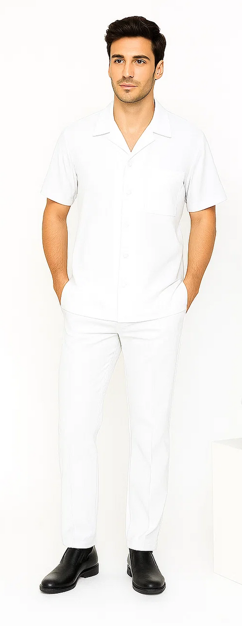 Men's white walking suit. Short-sleeve button-down shirt with a collar and breast pocket, paired with straight-leg pants. Made of lightweight, smooth fabric for comfortable wear.
