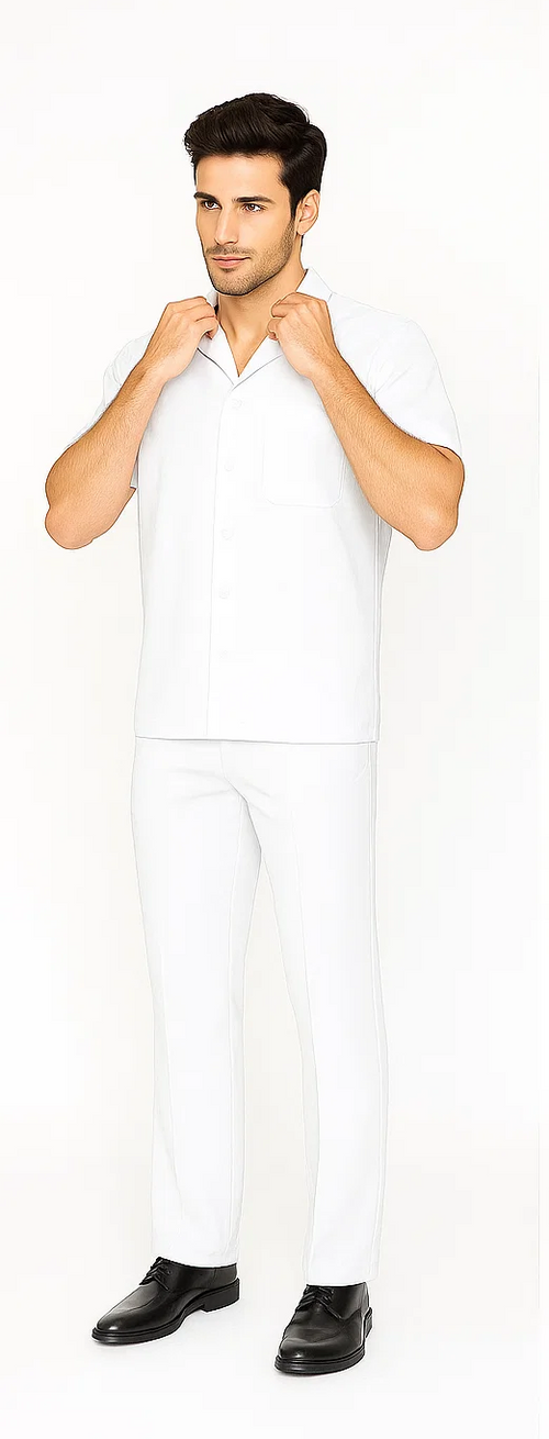 White short-sleeve shirt with a pocket and smooth seams, paired with matching straight-leg pants. The men's walking suit offers a relaxed, casual style with visible stitching.
