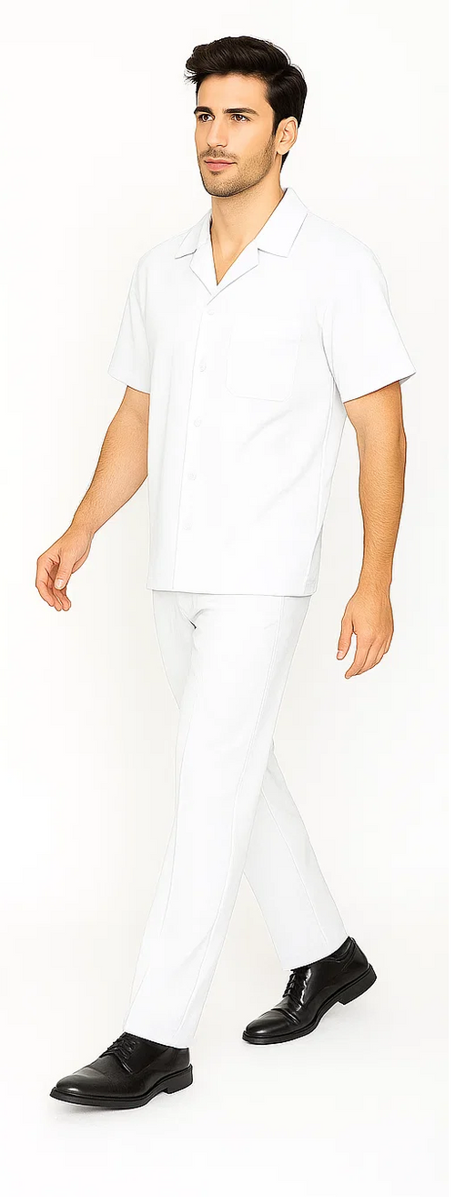 White men's leisure suit: short-sleeved button-up shirt with pocket and classic collar, paired with straight-leg fitted pants. Smooth, lightweight fabric. Contrasted with black shoes.
