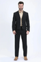 Black men's western sport suit. Fitted jacket with silver buttons and short cut, paired with straight-leg trousers. Smooth, structured material for a formal look.
