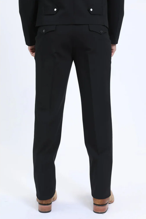 Alberto Nardoni men's western suit in black. Structured trousers and a tailored jacket with a straight back. Features two back pockets with flap closures.
