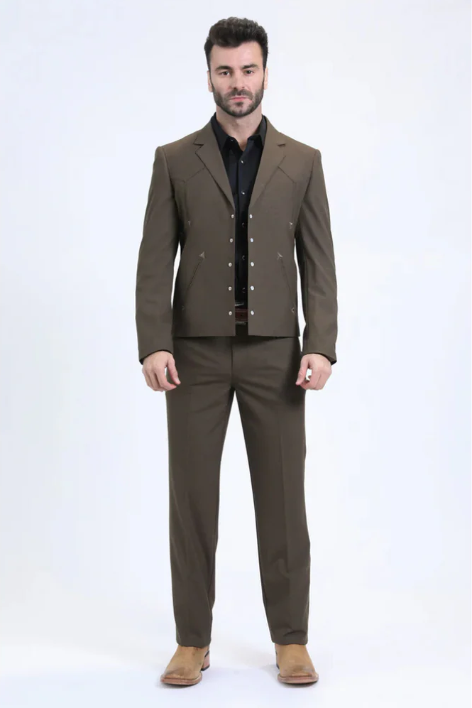 Brown men's western sport suit. Tailored jacket with straight cut, textured fabric, metallic buttons, and notched lapel. Slim-fit trousers in matching brown.
