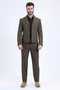 Brown men's western sport suit. Tailored jacket with straight cut, textured fabric, metallic buttons, and notched lapel. Slim-fit trousers in matching brown.
