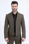 Brown men's western sport suit. Fitted silhouette with structured design, visible buttons, and angular stitching. Smooth fabric for a tailored look. Matching brown pants complete the outfit.
