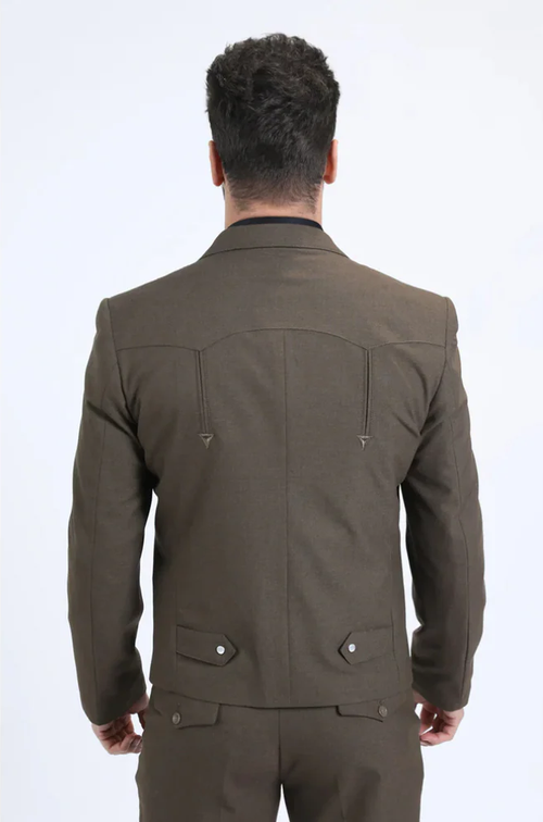 Brown Alberto Nardoni men's western suit. Structured, tailored fit. Notched collar, two lower pockets, decorative stitching, and visible pocket buttons. Two back seams.
