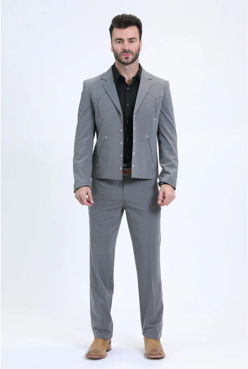 Grey men's western sport suit. Fitted blazer with metallic buttons and distinct stitching. Straight-leg trousers. Smooth fabric. Classic western style.
