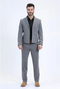 Grey men's western sport suit. Fitted blazer with metallic buttons and distinct stitching. Straight-leg trousers. Smooth fabric. Classic western style.

