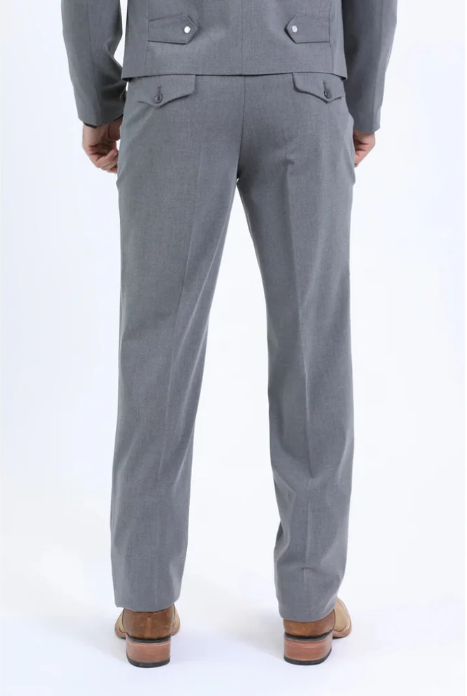 Men's grey Western sport suit. Tailored fit, structured jacket (two rear pockets), and straight-leg trousers. Woven fabric with a subtle texture.
