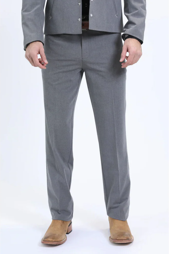 Alberto Nardoni men's western suit: Grey, fitted, straight-cut trousers. Smooth fabric (wool/blend). Tailored jacket with defined shoulders, button closure. Clean, formal look.
