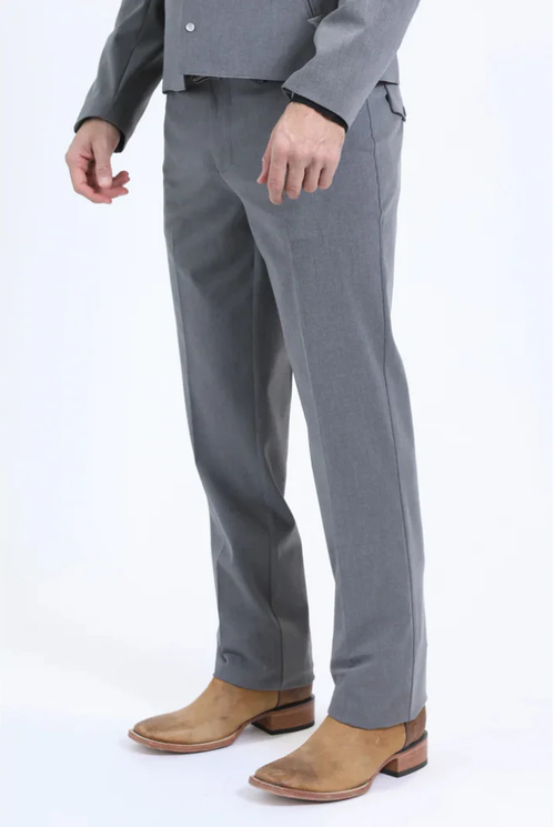 Alberto Nardoni men's grey western suit. Structured, short-cut jacket with two buttons. Straight-leg trousers. Smooth, subtly shiny grey fabric. Tailored fit, clean lines, side pockets, and plain hem.
