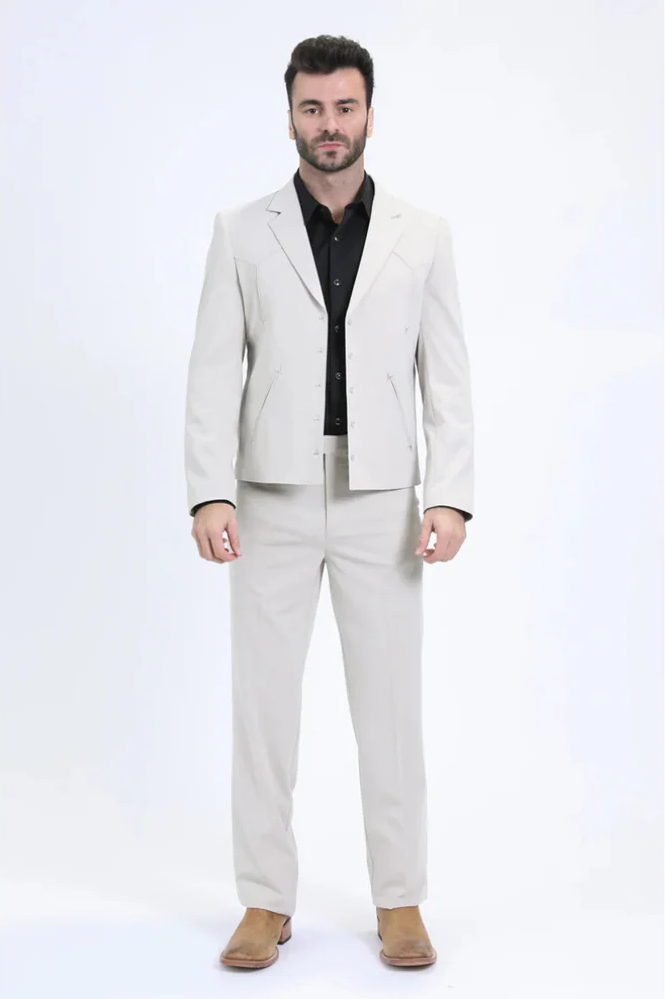 Alberto Nardoni men's western sport suit: fitted, light cream. Blazer: structured, short cut, two pockets. Trousers: straight-legged, tailored. Black shirt provides contrast.
