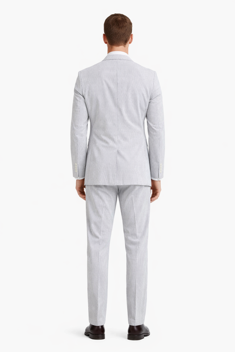 Men’s White and Black Seersucker Suit – Classic Lightweight Striped Summer Suit for Weddings and Formal Events