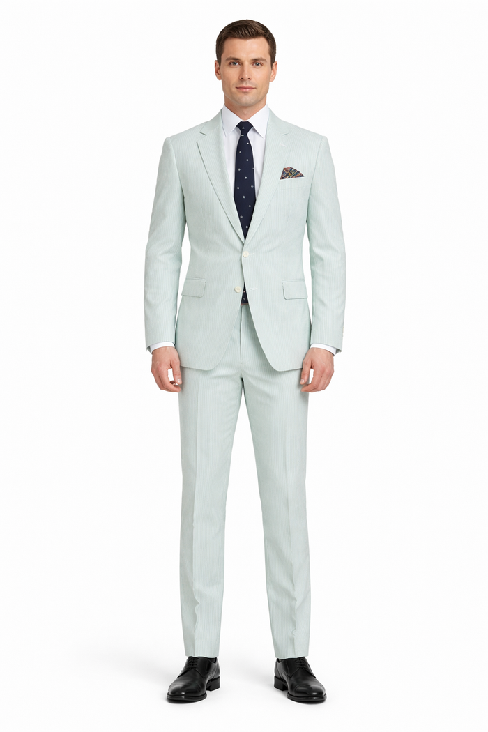 Men’s White and Black Seersucker Suit – Classic Lightweight Striped Summer Suit for Weddings and Formal Events