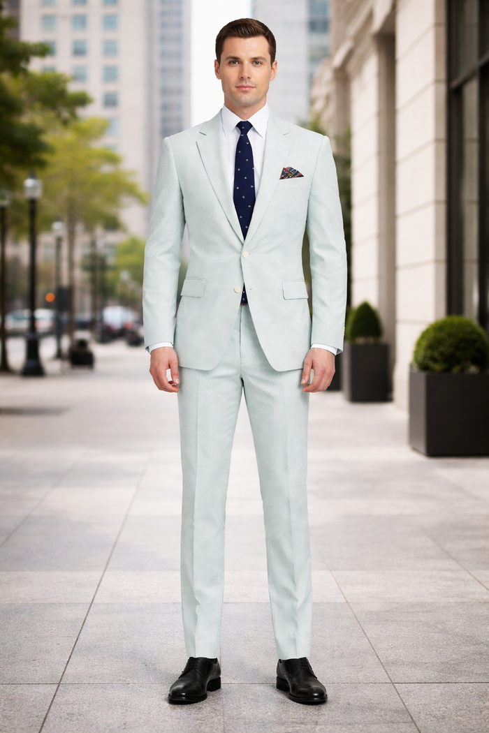 Men’s White and Black Seersucker Suit – Classic Lightweight Striped Summer Suit for Weddings and Formal Events
