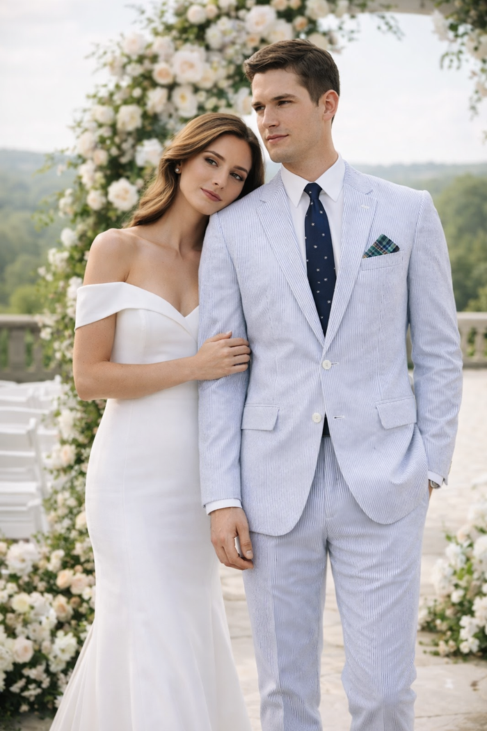 Men’s White and Black Seersucker Suit – Classic Lightweight Striped Summer Suit for Weddings and Formal Events