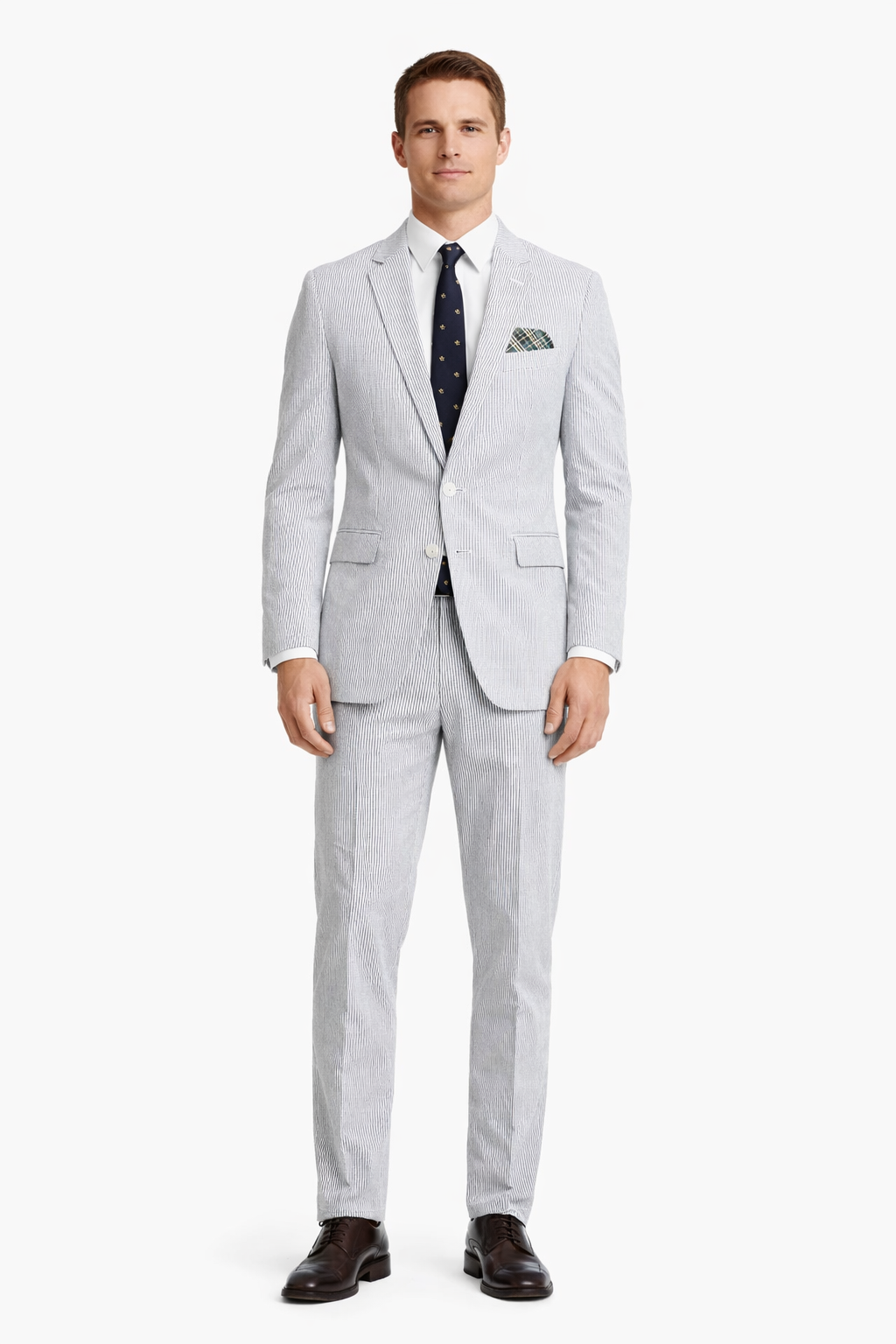 Men’s White and Black Seersucker Suit – Classic Lightweight Striped Summer Suit for Weddings and Formal Events