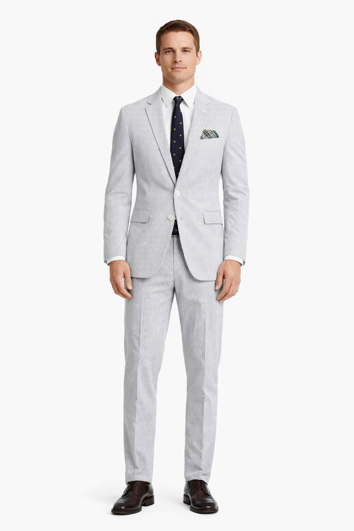 Men’s White and Black Seersucker Suit – Classic Lightweight Striped Summer Suit for Weddings and Formal Events