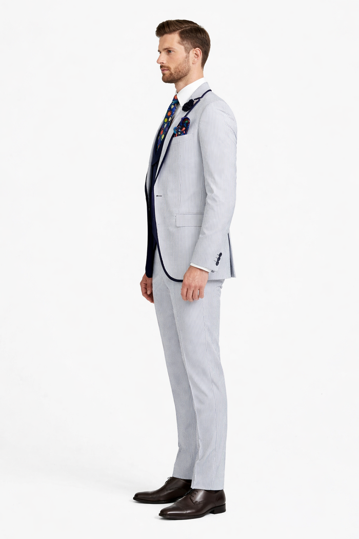 Men's White and Navy Pinstripe Suit with Contrast Trim â€“ 3-Piece Seersucker Style Set for Weddings and Summer Events