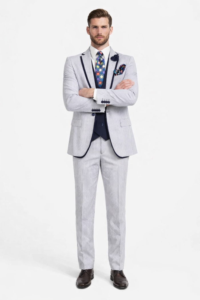 Men's White and Navy Pinstripe Suit with Contrast Trim â€“ 3-Piece Seersucker Style Set for Weddings and Summer Events