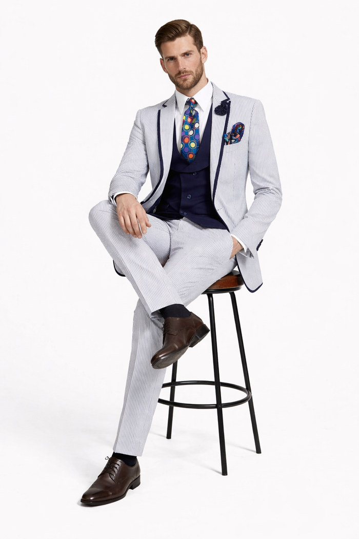 Men's White and Navy Pinstripe Suit with Contrast Trim â€“ 3-Piece Seersucker Style Set for Weddings and Summer Events