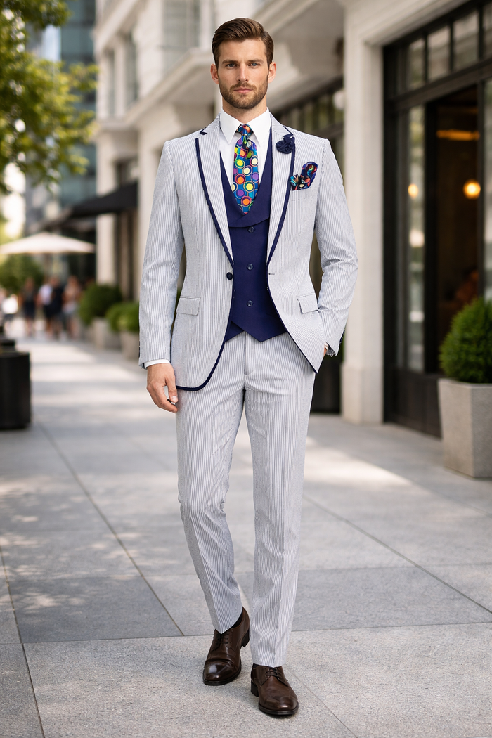 Men's White and Navy Pinstripe Suit with Contrast Trim â€“ 3-Piece Seersucker Style Set for Weddings and Summer Events