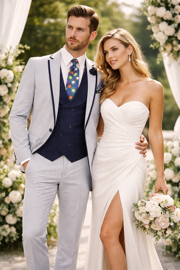 Men's White and Navy Pinstripe Suit with Contrast Trim â€“ 3-Piece Seersucker Style Set for Weddings and Summer Events
