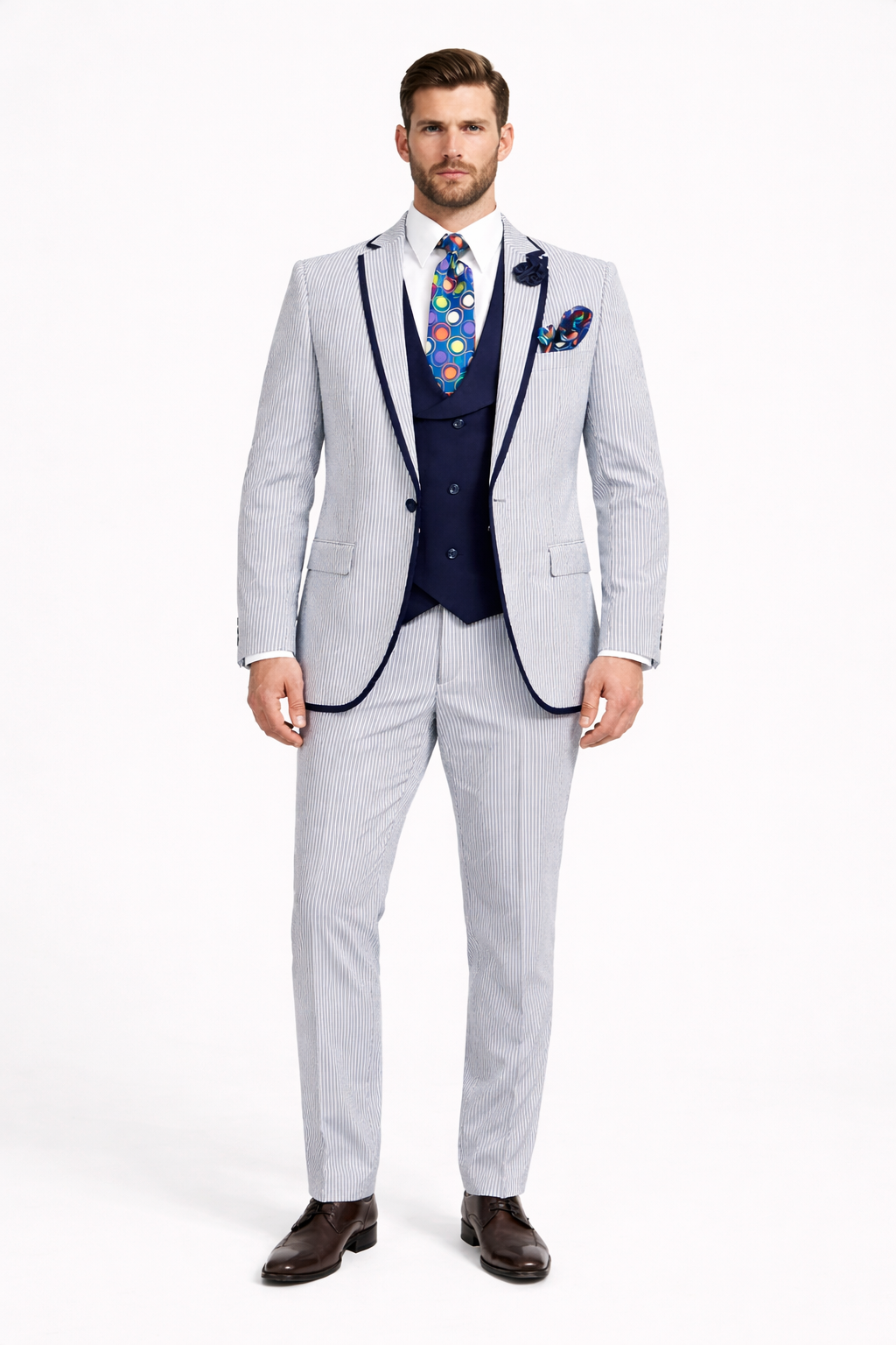 Men's White and Navy Pinstripe Suit with Contrast Trim â€“ 3-Piece Seersucker Style Set for Weddings and Summer Events