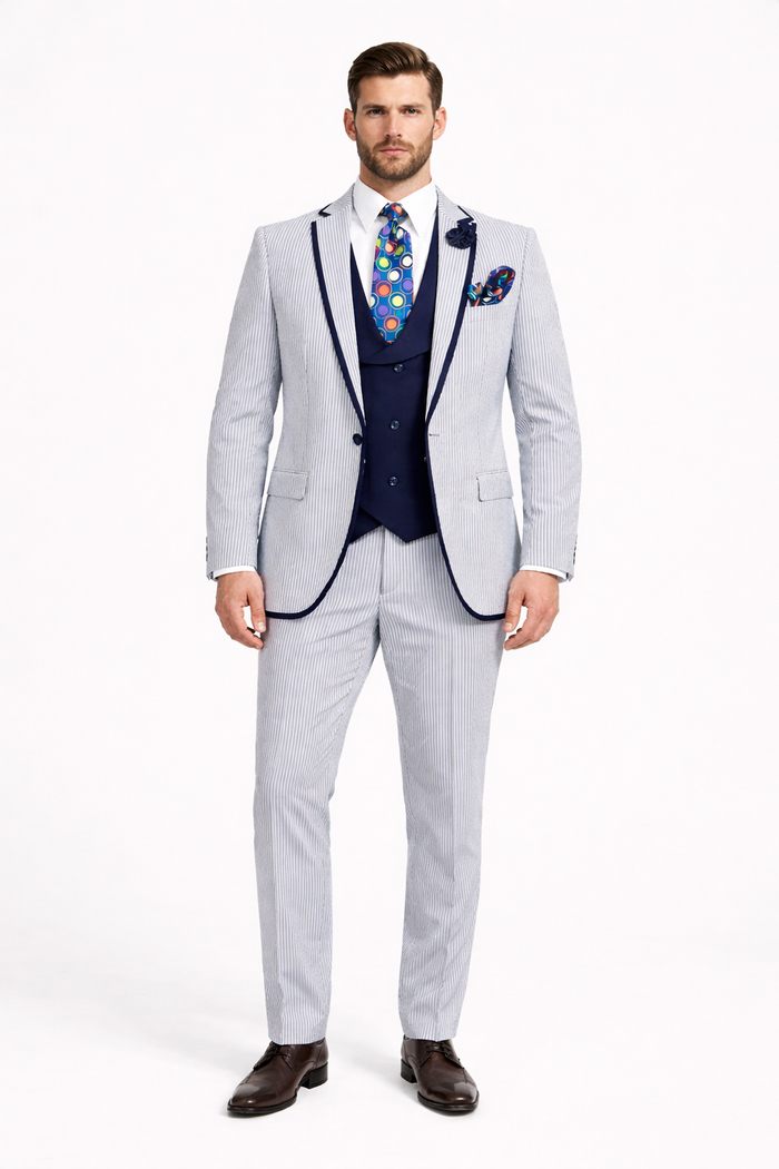 Men's White and Navy Pinstripe Suit with Contrast Trim â€“ 3-Piece Seersucker Style Set for Weddings and Summer Events